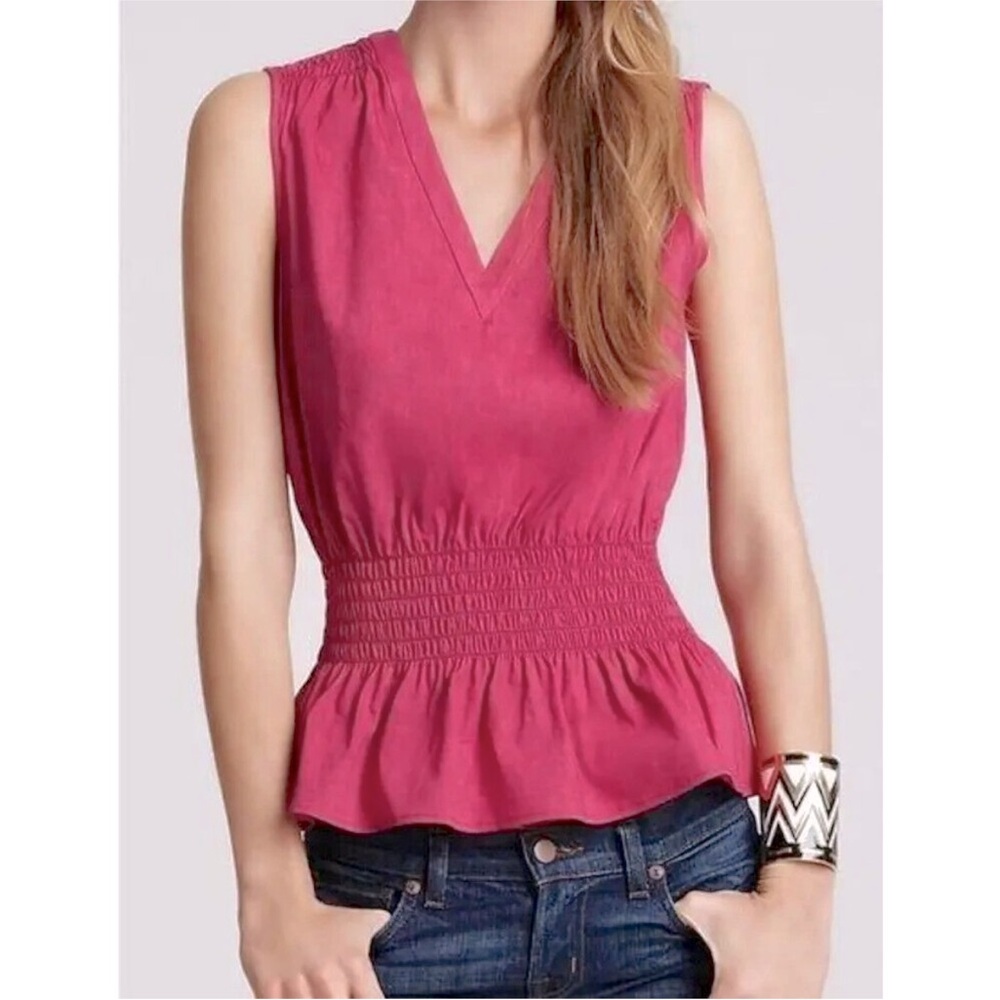 THEORY Pink Jemda Crunch Linen Blend Smocked Sleeveless Top SIZE MEDIUM